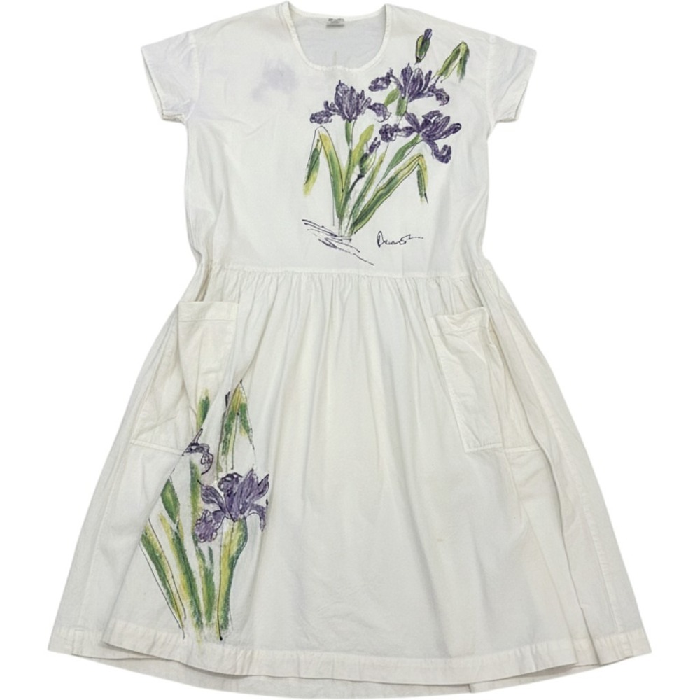 Salma Floral Iris Midi Dress Women Large White Cotton Hand Painted Pockets
